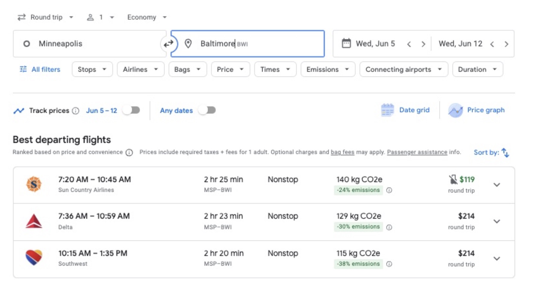Google Flights Southwest